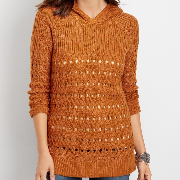 Maurices Women S Orange Open Knit Boho Relaxed Fit Hooded Tunic Pullover Sweater - Picture 1 of 11
